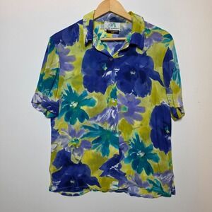 Mark Edwards Floral Print Button Down Blouse Blue Green Short Sleeve Size 8